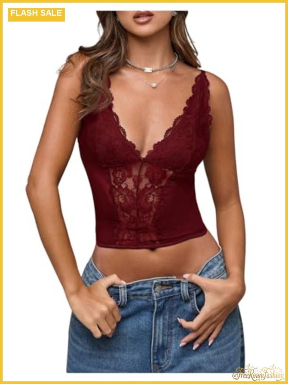 SHENHE Mesh Lace Bustier Crop Cami Deep V Spaghetti Strap Slim Fit Top